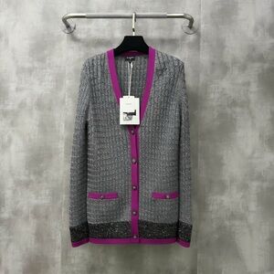 Authentic CHANEL Gray Cardigan with Pink Trim